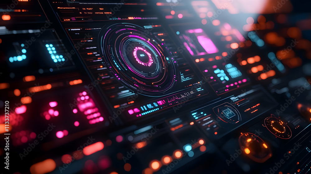 Futuristic control panel with glowing interfaces and data displays. Futuristic control panel with glowing interfaces and data displays.