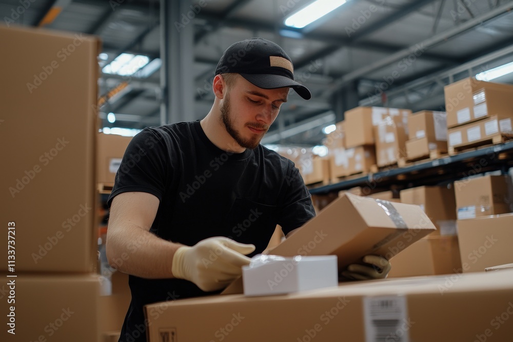 A young professional packing products for shipping as part of their online business. A young professional packing products for shipping as part of their online business.