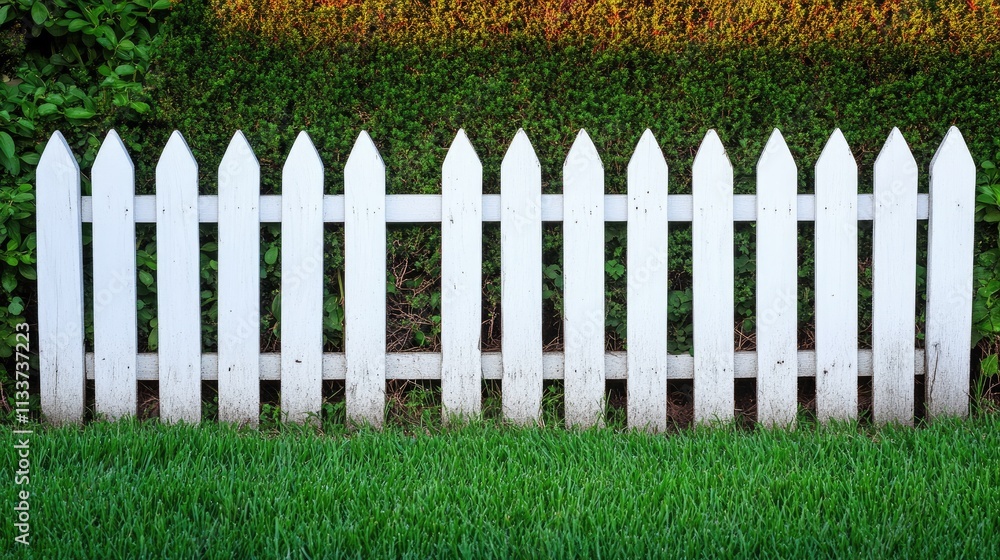 Charming White Picket Fence Against Lush Green Hedge Landscape Charming White Picket Fence Against Lush Green Hedge Landscape
