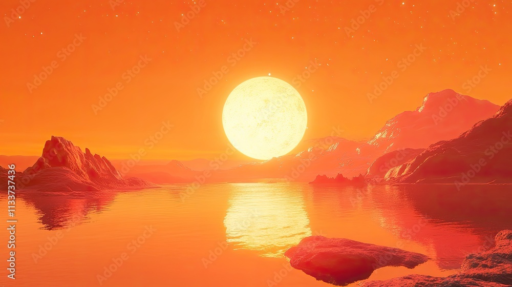 Fototapeta premium Orange sun setting over a calm lake and rocky mountains.