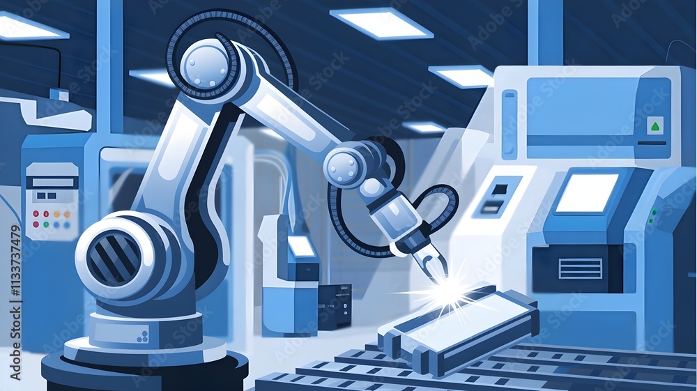 Factory robot arm holding a shiny object on a production floor Factory robot arm holding a shiny object on a production floor