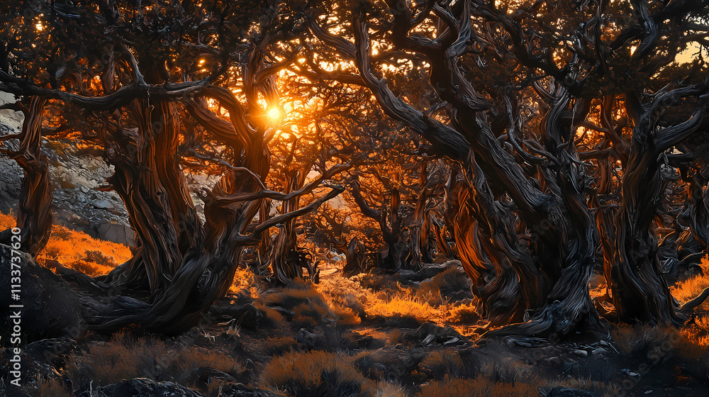 Warm golden light of a dark orange dawn peeks through the gaps of a dense thicket of burned orange bristlecone pines, eerie and mystical, a realistic photo image. Thicket. Illustration Warm golden light of a dark orange dawn peeks through the gaps of a dense thicket of burned orange bristlecone pines, eerie and mystical, a realistic photo image. Thicket. Illustration