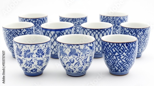 Decorative Blue and White Porcelain Ceramic Cups Displayed Aesthetically photo