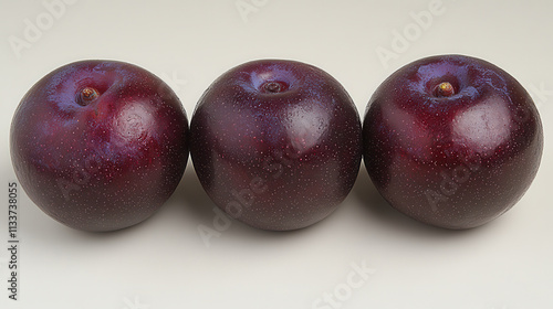 Fresh plums arranged in row, showcasing their deep purple color and smooth skin. These juicy fruits are perfect for snacking or adding to desserts photo