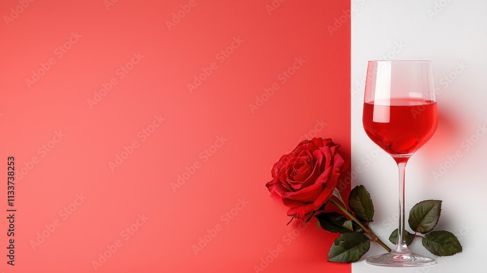 A red rose and a glass of wine on a contrasting background, evoking romance and elegance. A red rose and a glass of wine on a contrasting background, evoking romance and elegance.
