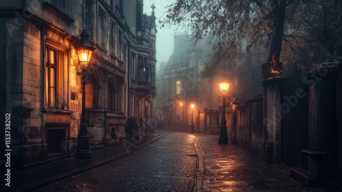 image of Victorian London on a moody evening with gas-lights, fog and cobble-stone streets