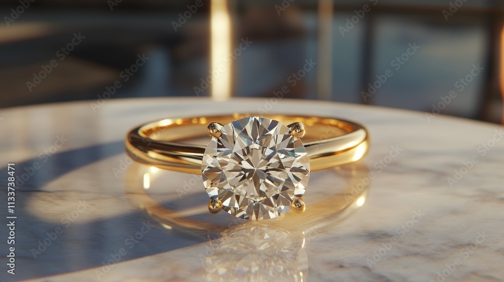 Elegant Gold Ring with Sparkling Diamond on Marble Surface Elegant Gold Ring with Sparkling Diamond on Marble Surface