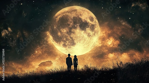 Silhouetted Couple Underneath a Giant Moon