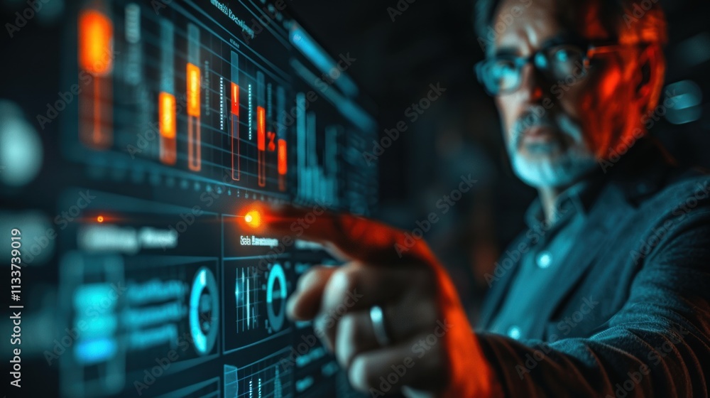Mature man interacts with a large digital screen displaying data analytics and graphs. Mature man interacts with a large digital screen displaying data analytics and graphs.