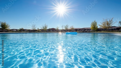 Bright Sunny Day Reflected on Calm Swimming Pool Water Surface