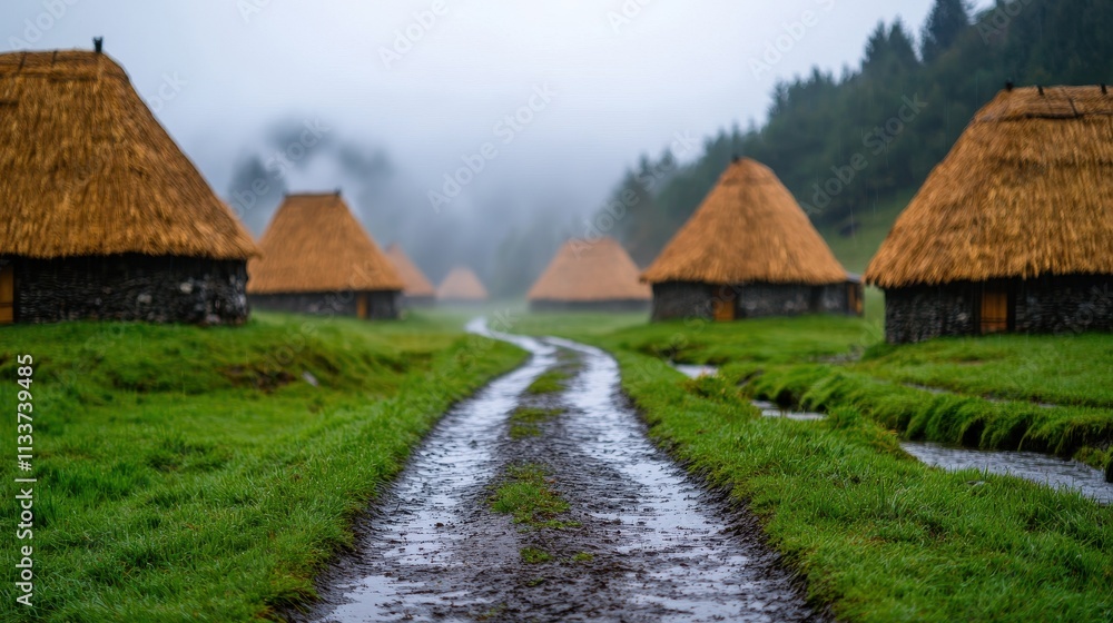 Serene Landscape of Traditional Thatched Roof Houses Amid Fog Serene Landscape of Traditional Thatched Roof Houses Amid Fog