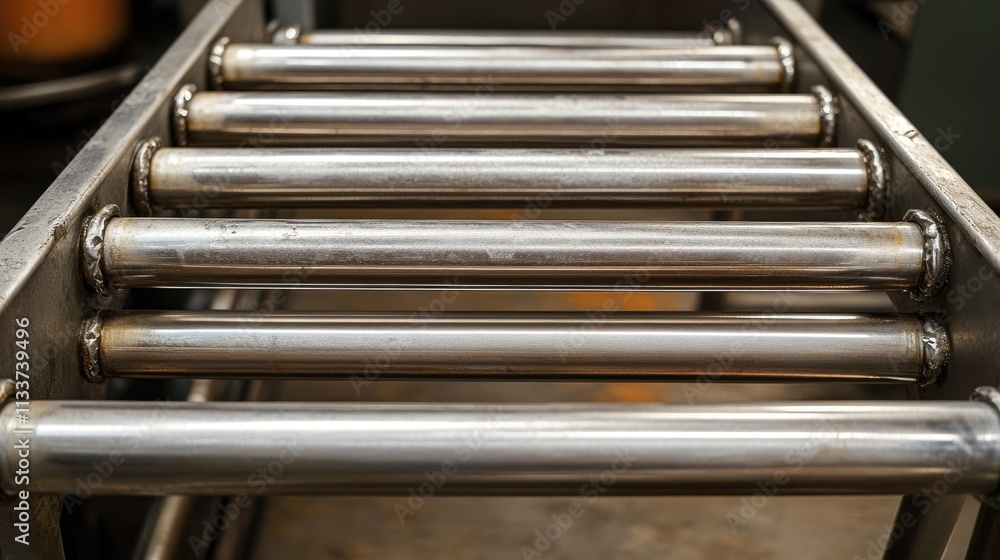 Close-Up View of Metallic Roller Conveyor System in Industrial Setting Close-Up View of Metallic Roller Conveyor System in Industrial Setting