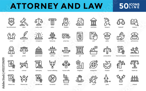 Attorney and Law icons set with law enforcement, gavel, justice scale, pillars, freedom, stamp, courtroom, footprint, handcuff, research icon. Simple line vector 
