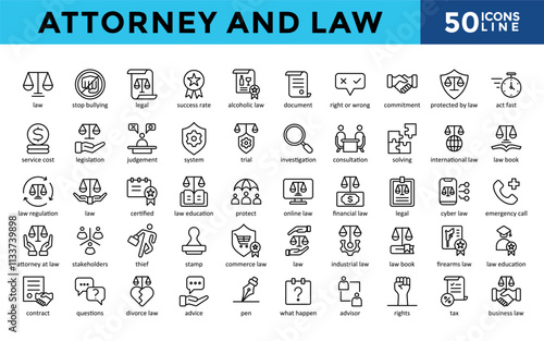 Attorney and Law icons set with law, stop bullying, egal, success rate, alcoholic law, document, right or wrong, commitment, protected by law, act fast  icon. Simple line vector 

