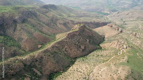 Drone footage of Armenian landscape between Khachik and Areni on sunny spring day. Armenia. photo