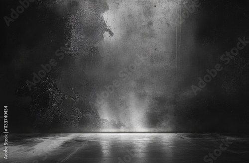 Dark, textured wall background with spotlight and reflective floor.