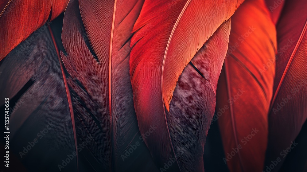 Fototapeta premium Close-up of vibrant red and dark crimson feathers, showing texture and detail.