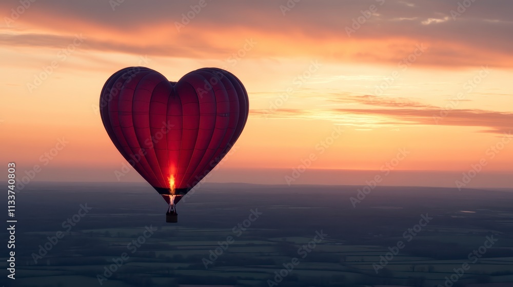 Fototapeta premium Heart Shaped Hot Air Balloon Sunrise Flight Over Rural Landscape