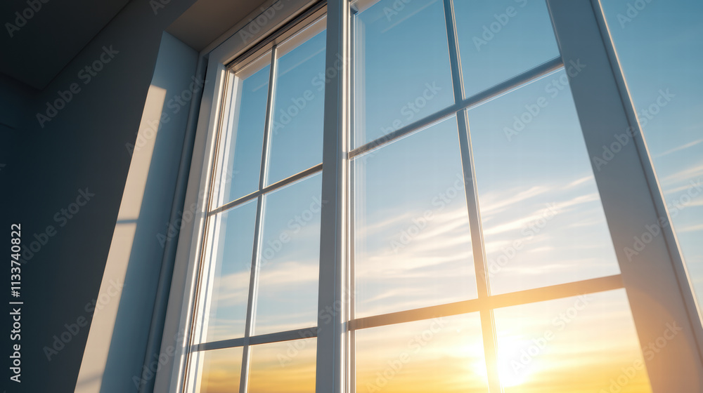 Bright sunlight streams through modern window, illuminating room with warm glow Bright sunlight streams through modern window, illuminating room with warm glow