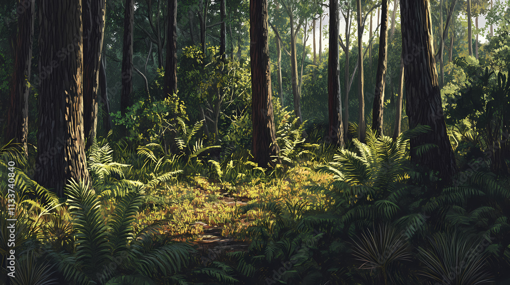 Long leaf pines forming a dense thicket amidst a tangle of spanish moss and ferns, subtropical woodland, shaded area. Thicket. Illustration Long leaf pines forming a dense thicket amidst a tangle of spanish moss and ferns, subtropical woodland, shaded area. Thicket. Illustration