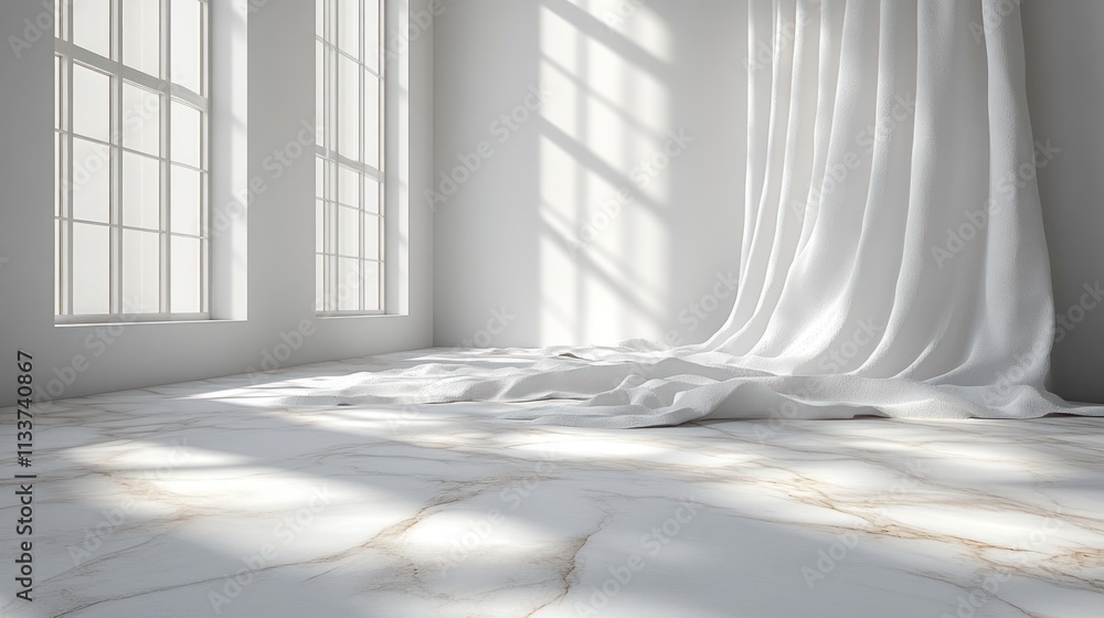 A minimalist interior with white curtains and marble flooring, creating a serene atmosphere. A minimalist interior with white curtains and marble flooring, creating a serene atmosphere.