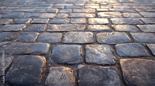 Close-up of a cobblestone path illuminated by sunlight