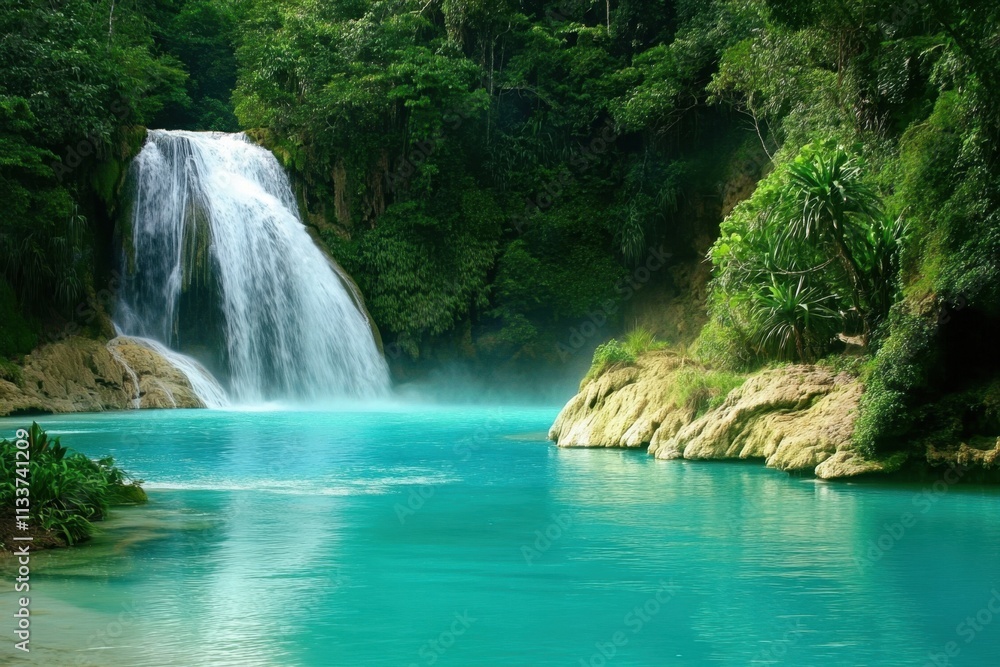 Fototapeta premium Serene turquoise lagoon nestled amid verdant greenery 