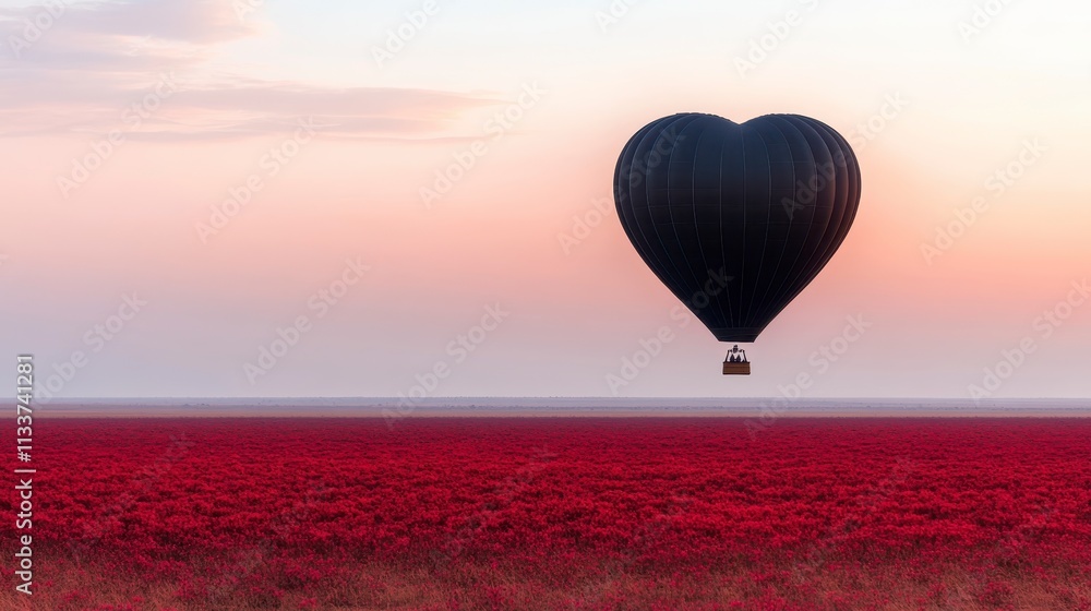 Fototapeta premium Heart Shaped Hot Air Balloon over Red Field at Sunrise