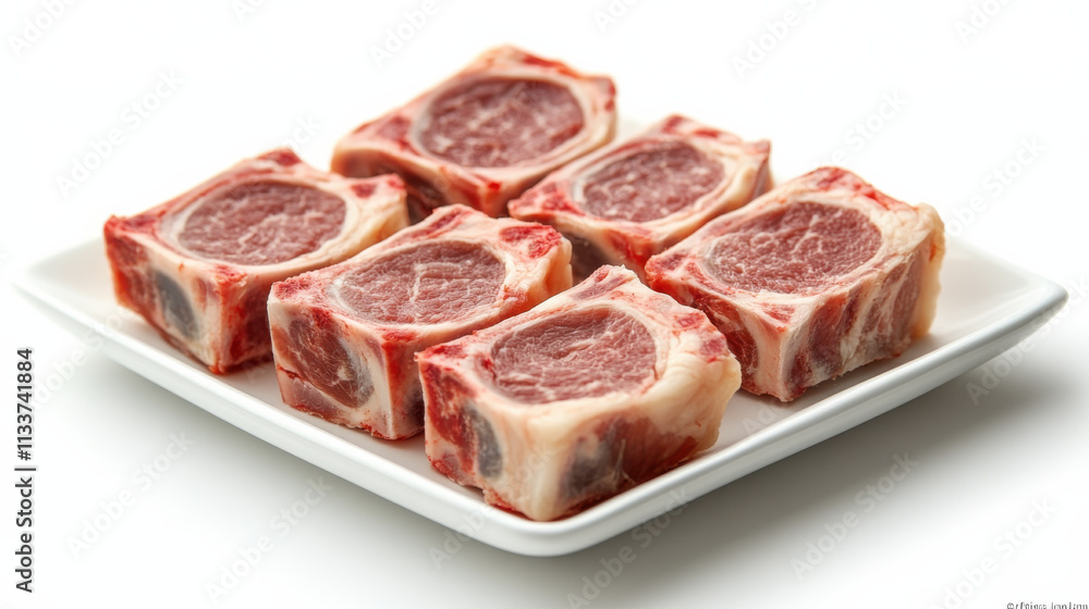 Fresh raw meat cuts displayed on white plate, showcasing pork and beef chops. Ideal for culinary use, these cuts are perfect for grilling or slow cooking Fresh raw meat cuts displayed on white plate, showcasing pork and beef chops. Ideal for culinary use, these cuts are perfect for grilling or slow cooking
