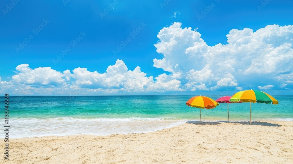 Colorful Umbrellas on Sunny Beach with Clear Blue Sky and Ocean Colorful Umbrellas on Sunny Beach with Clear Blue Sky and Ocean
