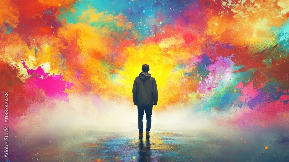 Fototapeta premium A lone figure walks towards a vibrant, colorful, surreal landscape.