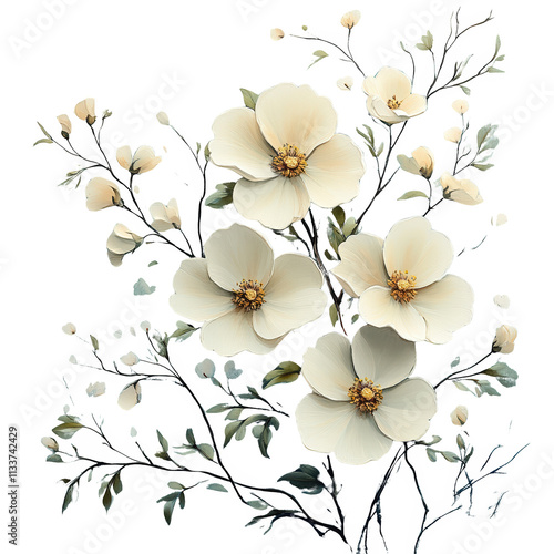 A painting of a bouquet of white flowers with a white background. Generative AI