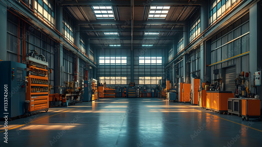 Fototapeta premium A spacious industrial workshop with machinery and tools for manufacturing processes.
