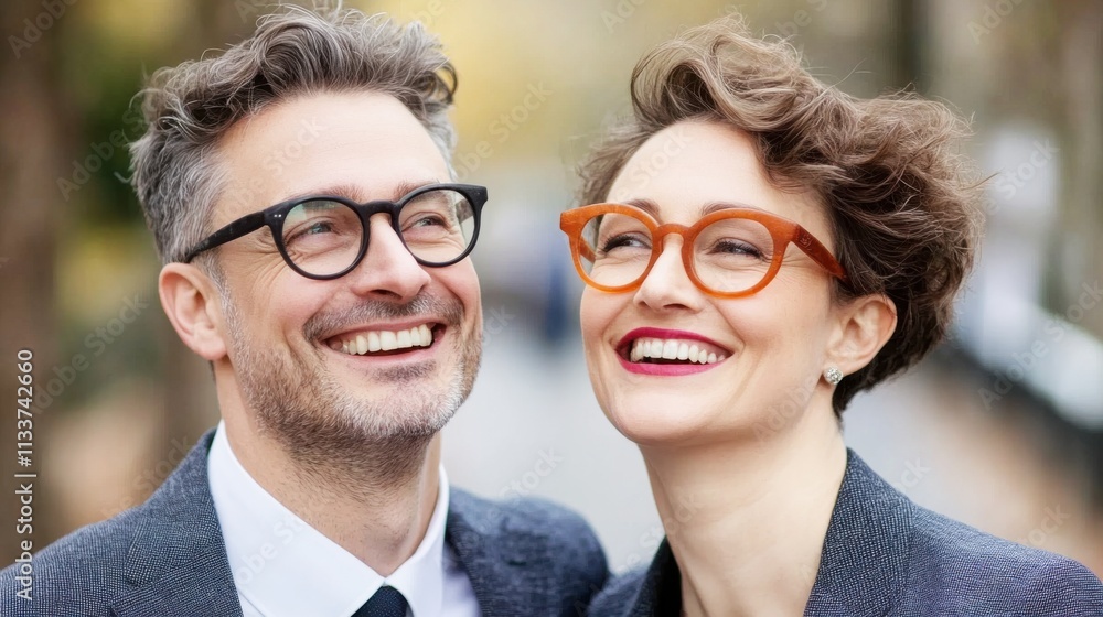 A joyful couple shares a moment outdoors, smiling brightly, showcasing stylish glasses and a warm connection. A joyful couple shares a moment outdoors, smiling brightly, showcasing stylish glasses and a warm connection.
