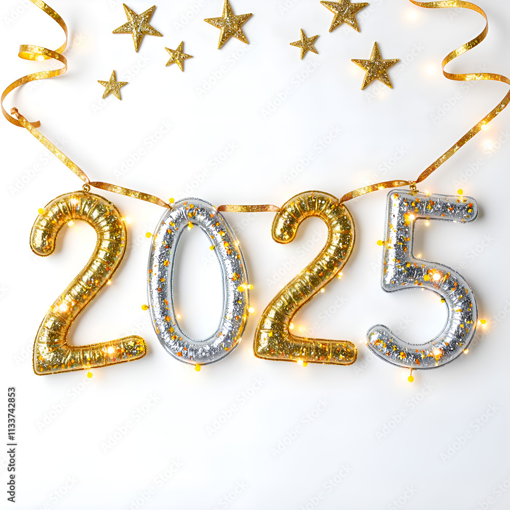 Shimmering 2025 celebration decor with twinkling lights and stars for a festive new year, photographic of celebration concept. Shimmering 2025 celebration decor with twinkling lights and stars for a festive new year, photographic of celebration concept.