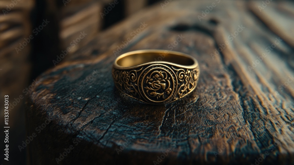 Intricate Gold Ring on Rustic Wooden Surface in Soft Natural Light Intricate Gold Ring on Rustic Wooden Surface in Soft Natural Light