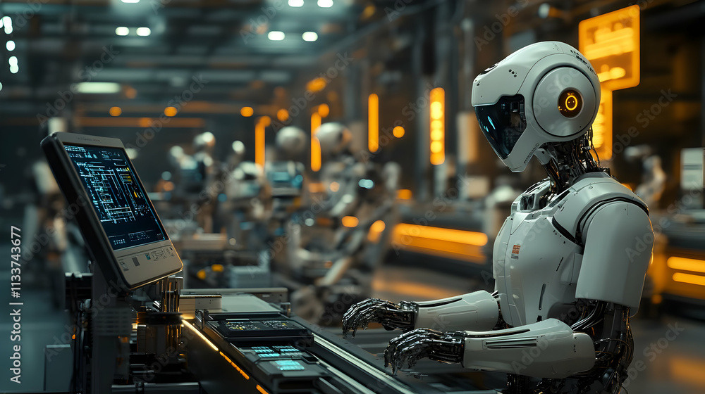 A futuristic robot working at a computer in a high-tech industrial environment. A futuristic robot working at a computer in a high-tech industrial environment.