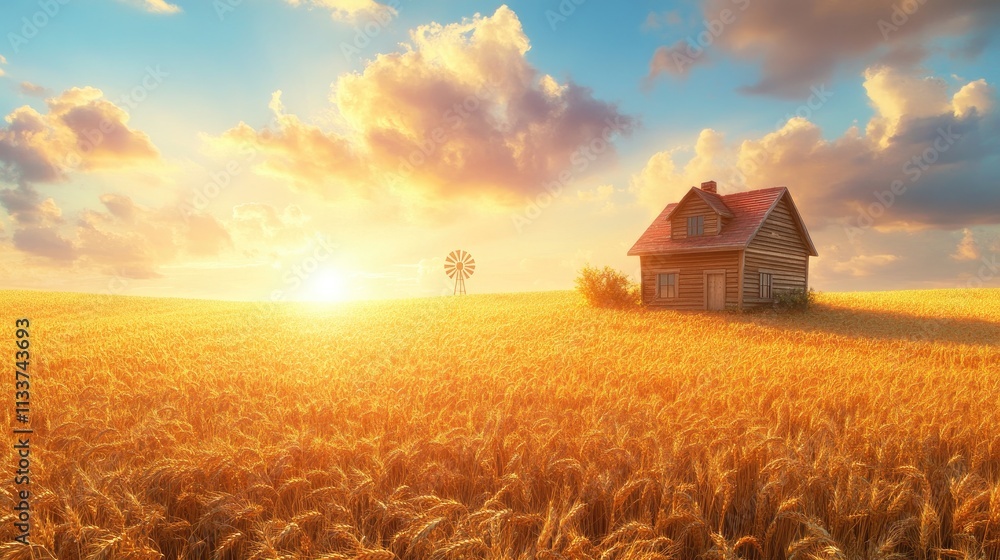 Serene Sunset Over Golden Wheat Field with Rustic House and Windmill Serene Sunset Over Golden Wheat Field with Rustic House and Windmill