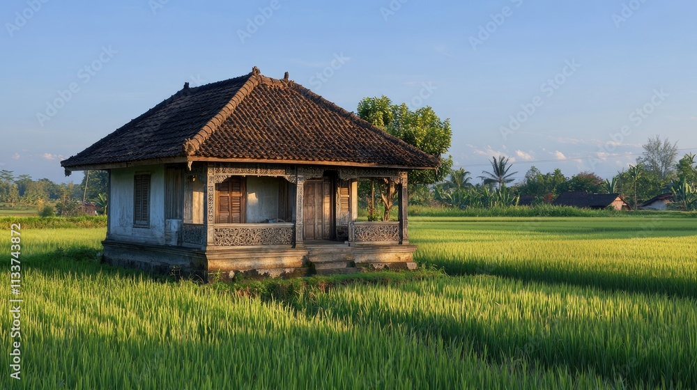 Traditional Rural House Surrounded by Lush Green Rice Fields Traditional Rural House Surrounded by Lush Green Rice Fields