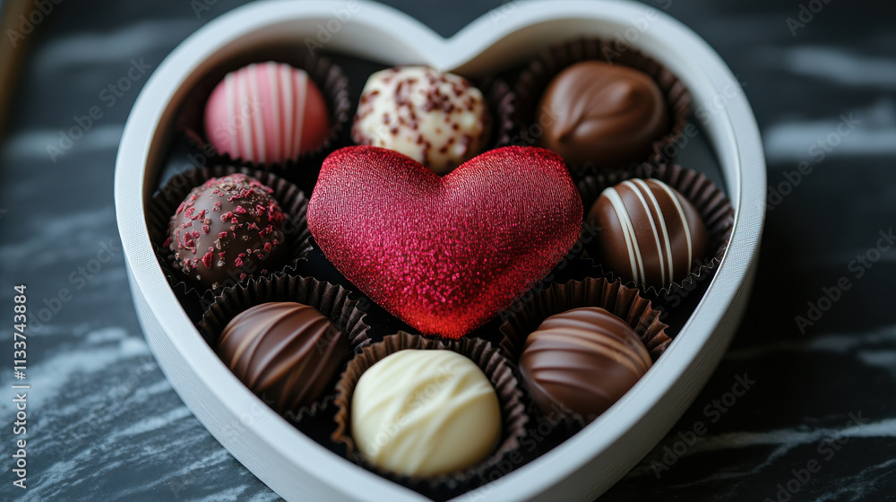 Delightful heart shaped box filled with assorted chocolates, featuring vibrant red heart centerpiece. Perfect for gifting on special occasions