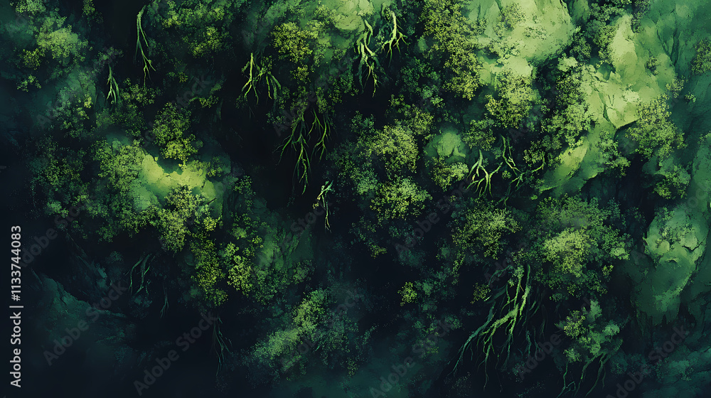 Closeup top view of a mossy forest floor, emphasizing the rich green textures and patterns of moss, perfect for naturethemed visuals. Thicket. Illustration Closeup top view of a mossy forest floor, emphasizing the rich green textures and patterns of moss, perfect for naturethemed visuals. Thicket. Illustration