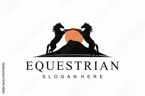 Horse silhouette behind wooden fence paddock for vintage retro rustic countryside western country farm ranch logo design