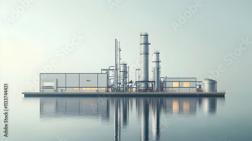 An industrial facility on water, showcasing tall structures and storage tanks.