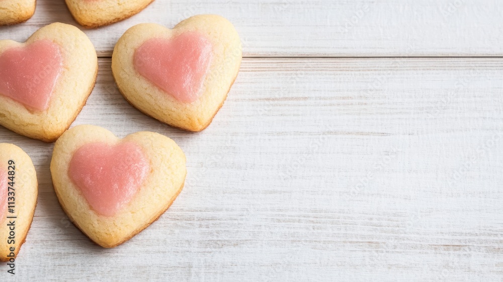 Delicious Heart Shaped Cookies on White Wood Background Delicious Heart Shaped Cookies on White Wood Background