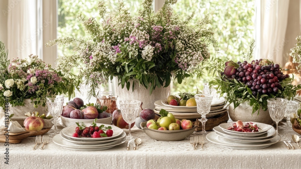 Elegant Table Setting with Fresh Fruits and Beautiful Flowers Elegant Table Setting with Fresh Fruits and Beautiful Flowers