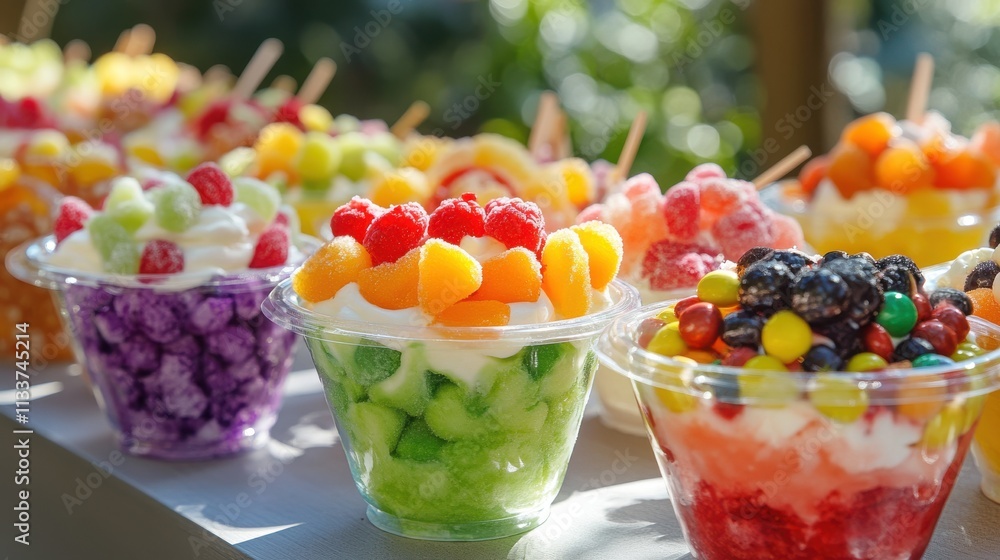 Colorful Fruit Desserts in Clear Cups on a Table Colorful Fruit Desserts in Clear Cups on a Table