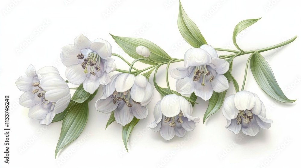 Fototapeta premium Lily of valley flowers arranged elegantly on white background, showcasing delicate white petals and green leaves, evoking sense of tranquility and beauty