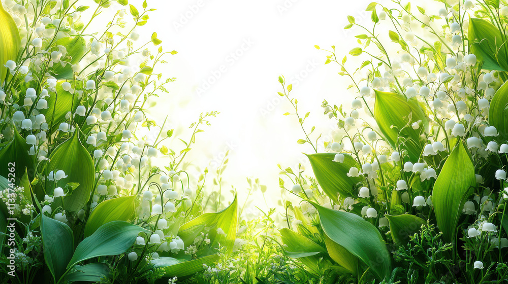 Obraz premium Lily of valley flowers surrounded by lush green leaves create serene and tranquil atmosphere, perfect for nature lovers and floral enthusiasts