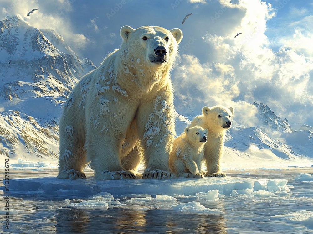 A serene polar bear family on an iceberg, perfect for climate change awareness campaigns, winter holidays, or nature conservation projects. A serene polar bear family on an iceberg, perfect for climate change awareness campaigns, winter holidays, or nature conservation projects.