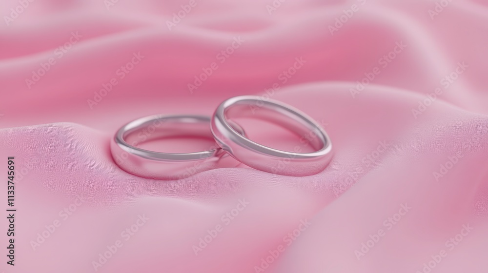Elegant Silver Wedding Rings on Pink Silk Fabric Elegant Silver Wedding Rings on Pink Silk Fabric